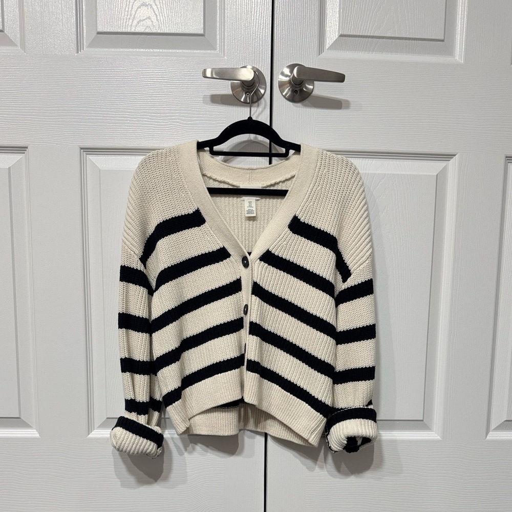 H&M Cream and Black Striped Knit Cardigan